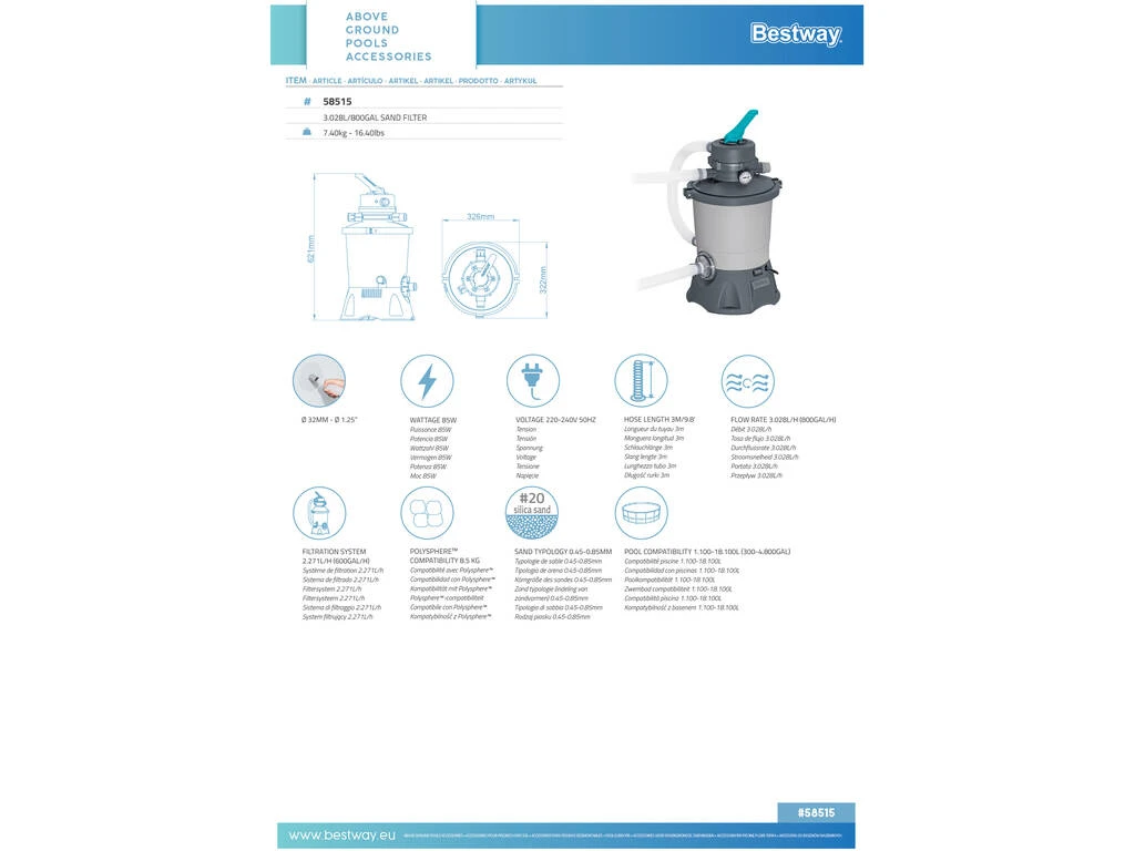 Depuradora de Arena Flowclear 3.028 l/h Bestway 58515 Depuradora De Arena Flowclear 3.028 L/h Bestway 58515 -Piscinas Artículos Tienda 1911146843g03