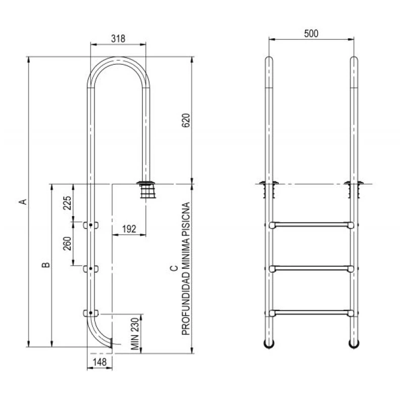 Escalera pasamanos Muro Astralpool Escalera Pasamanos Muro Astralpool -Piscinas Artículos Tienda plano medidas escalera pasamanos astralpool